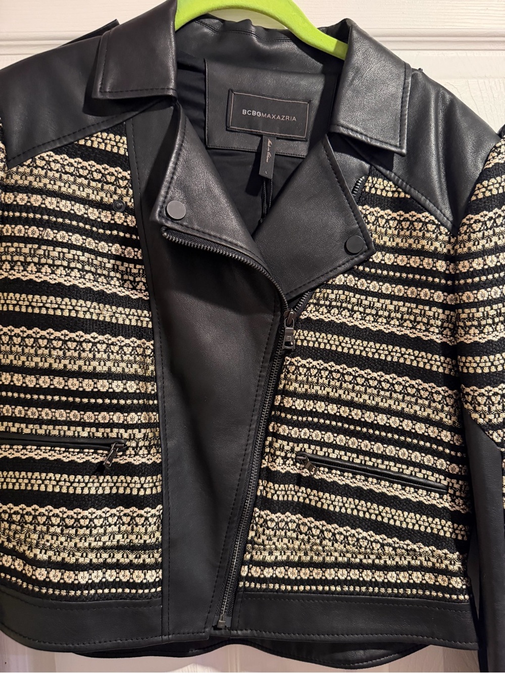 BCBGMaxAzria Black & Cream Patterned Faux Leather Moto Jacket
